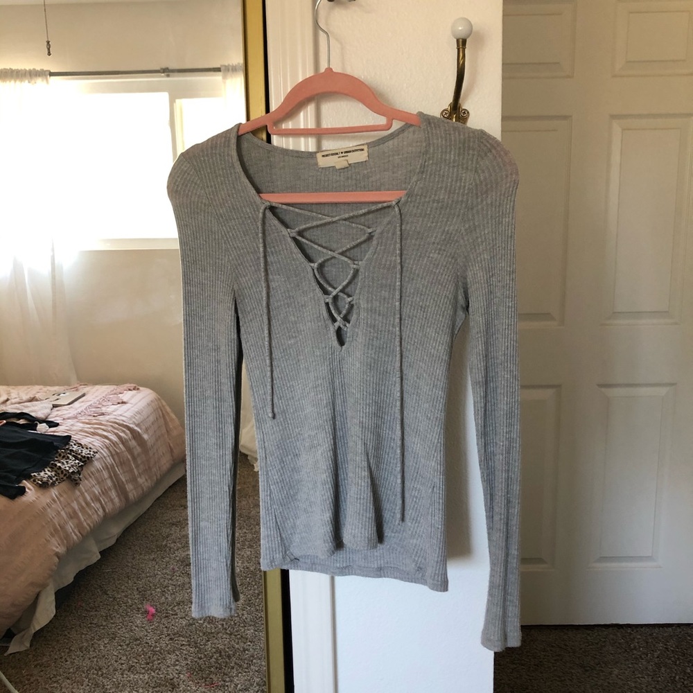 Grey ribbed lace up tee